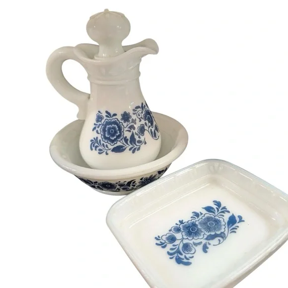 Avon Vintage Delft Floral Milk Glass Vanity Set – Pitcher, Basin & Soap Dish - Picture 2 of 15
